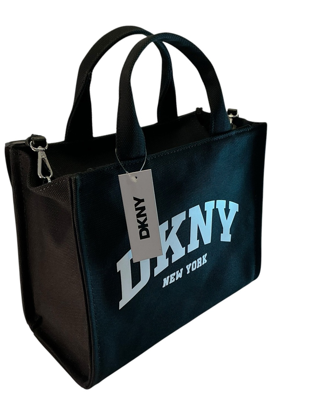 DKNY NEW YORK Hadlee Medium Tote Black with White Font Canvas Bag, 12"